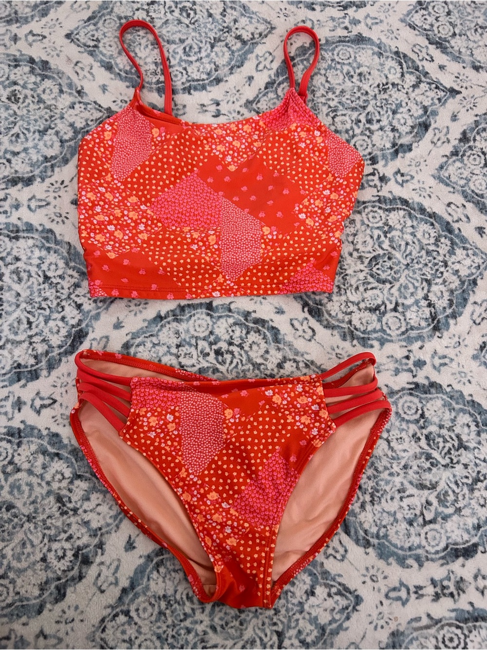 art class Red and Pink Patchwork Floral Girls' Two-Piece Swim Set
